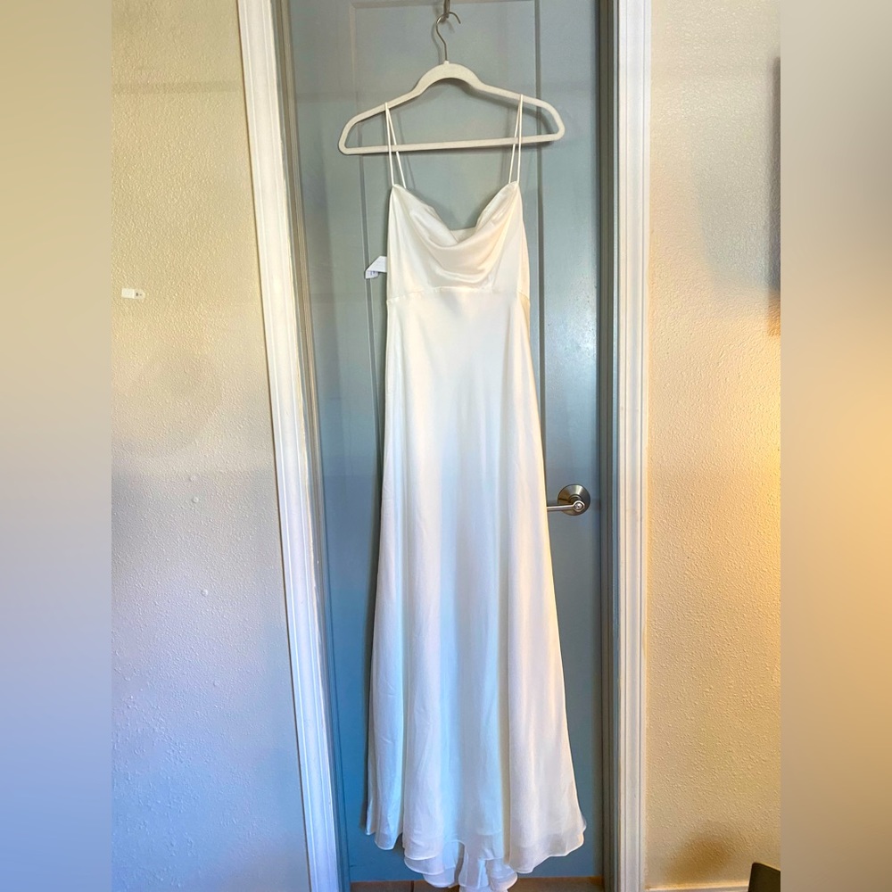 Satin cowl neck wedding dress by Fame and Partners